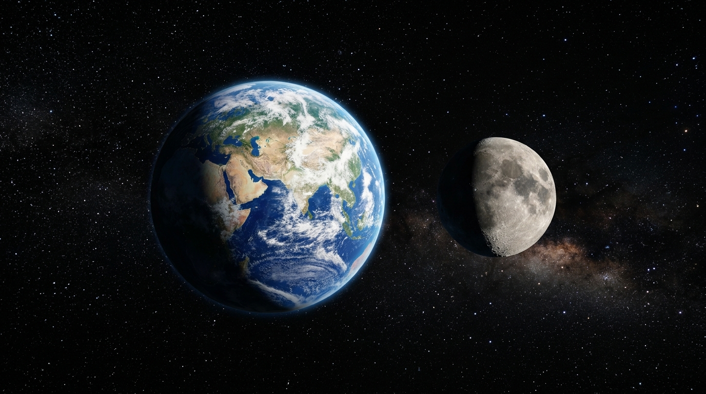 Solar System में पृथ्वी और उसका चांद स्पेस में