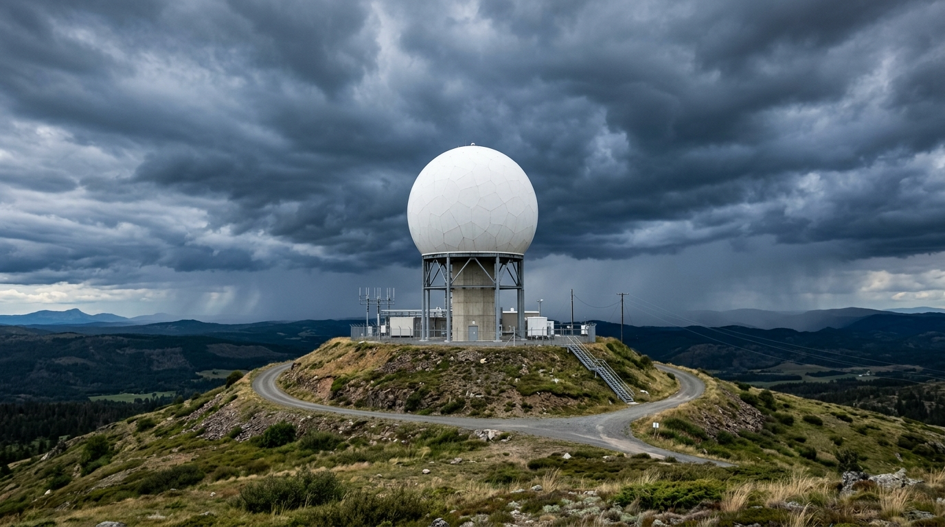 Weather Radar डोम स्टेशन तूफानी आसमान के सामने