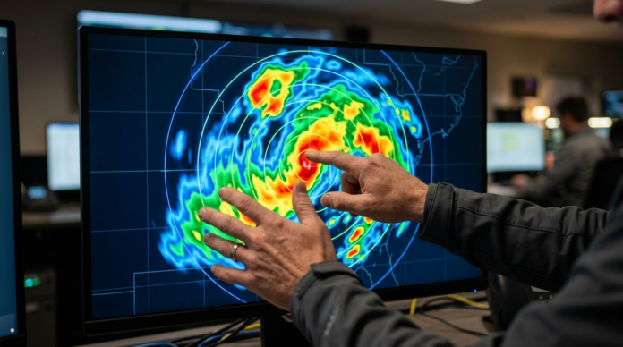 मौसम वैज्ञानिक Weather Radar प्रीसिपिटेशन मैप देखते हुए