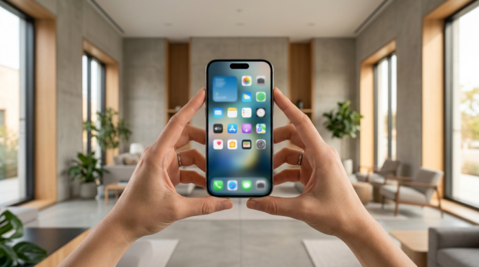 Android स्मार्टफोन दोनों हाथों में सिमेट्रिक तरीके से पकड़े हुए