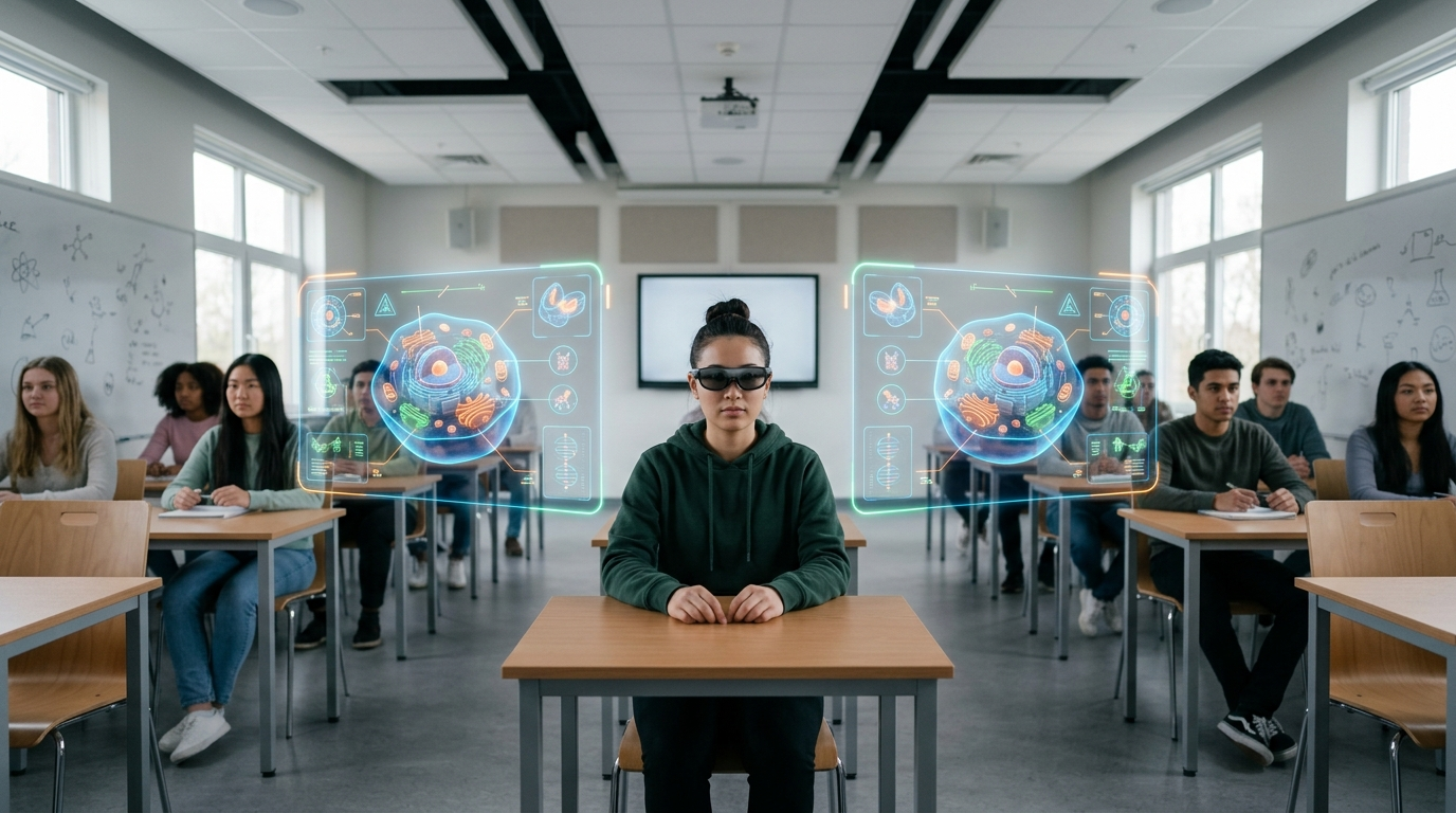 छात्र Augmented Reality ग्लास से पढ़ाई करते हुए सिमेट्रिक व्यू