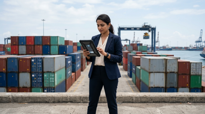 Import Export Business में शिपिंग पोर्ट पर दस्तावेज चेक करता बिजनेसमैन