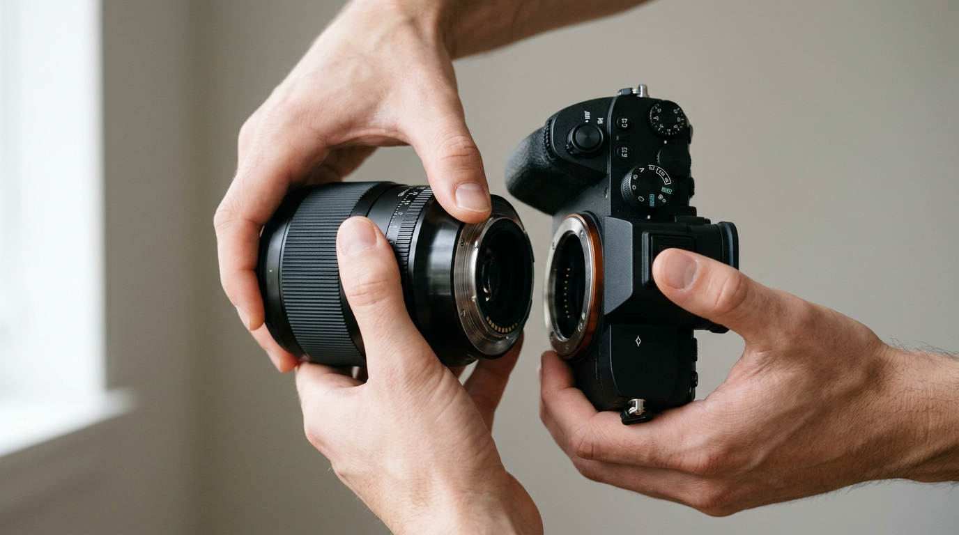 Mirrorless Camera में लेंस माउंट करते हुए हाथ