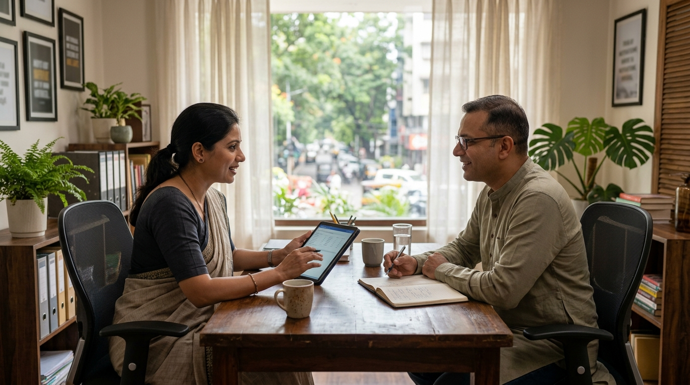 Outsourced HR Service पर लोकल बिजनेस मालिक से बात करता एचआर कंसल्टेंट