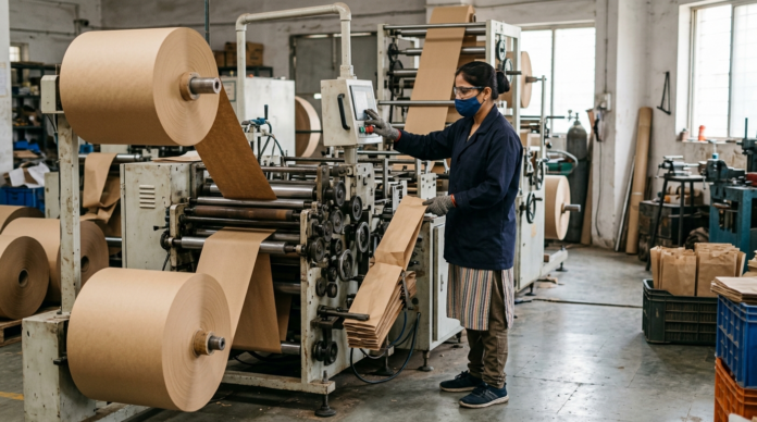 Paper Bag Manufacturing Business में मशीन चलाता वर्कर