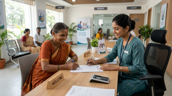 Pradhan Mantri Jan Dhan Yojana के तहत खाता खुलवाती महिला