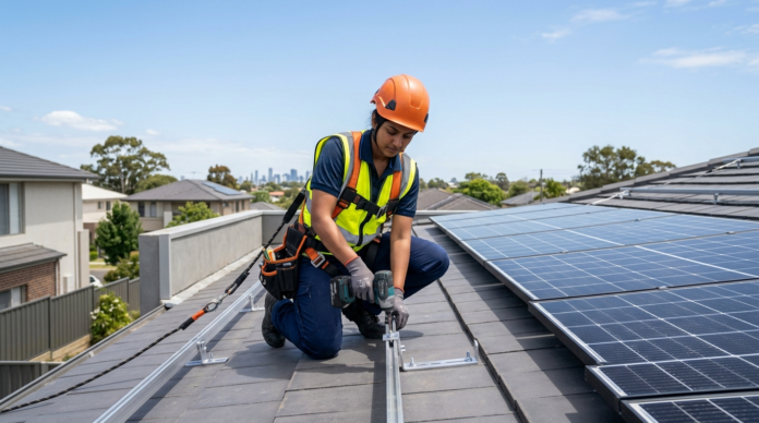 Solar Energy Installation Dealership Business में रूफटॉप पर पैनल लगाता टेक्नीशियन