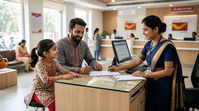Sukanya Samriddhi Yojana के तहत पोस्ट ऑफिस में खाता खुलवाते पिता और बेटी