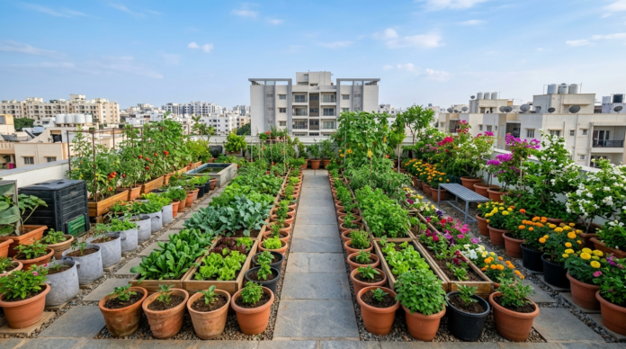 Terrace Garden में सजे गमले और सब्जियों की क्यारियां