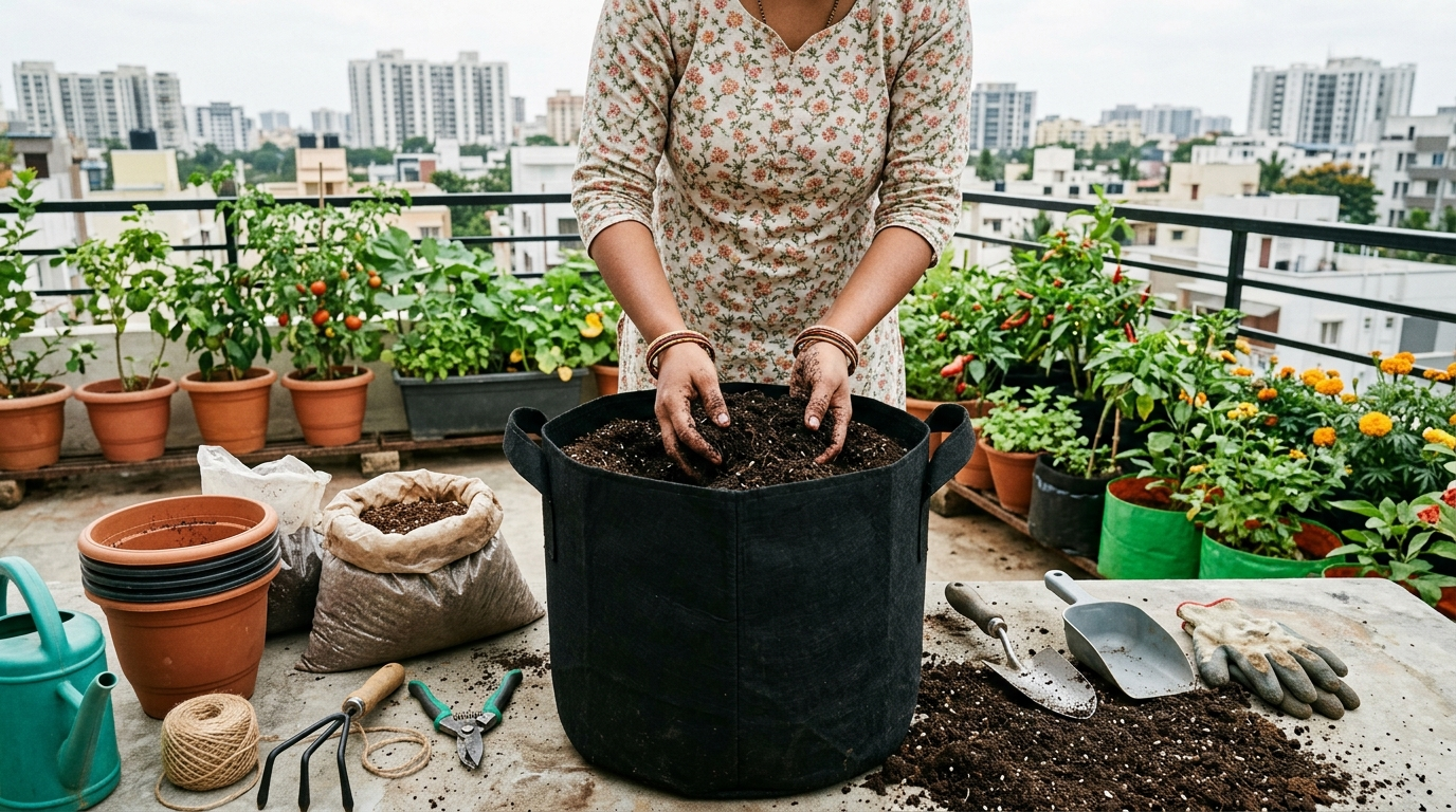 Terrace Garden के लिए ग्रो बैग में मिट्टी भरता हुआ व्यक्ति