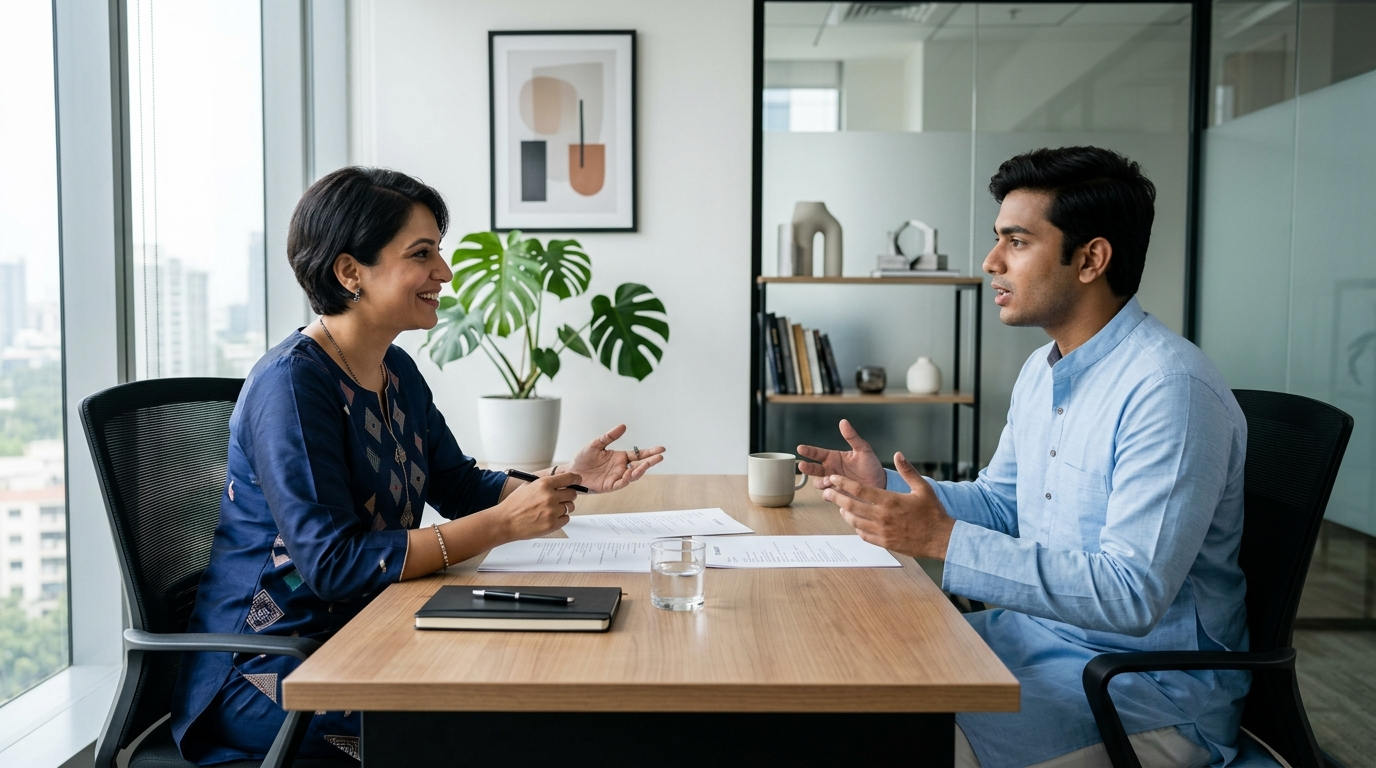 Vendor Management Service Business में उम्मीदवार का इंटरव्यू लेता एजेंसी मालिक