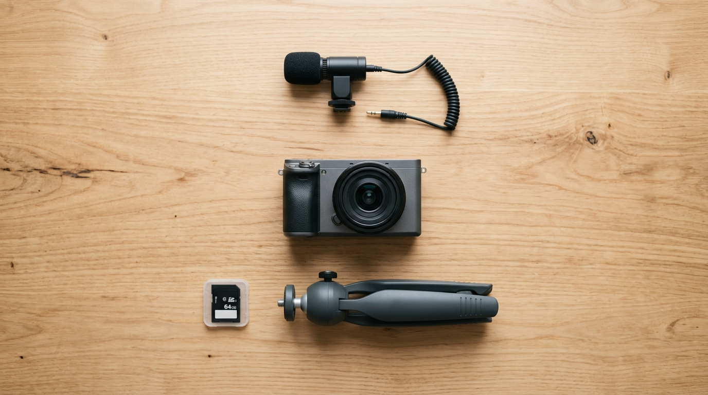Vlogging Camera के साथ माइक्रोफोन, मेमोरी कार्ड और ट्राइपॉड जैसे एक्सेसरीज