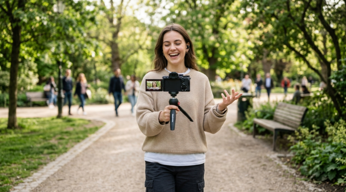 Vlogging Camera से पार्क में खुद को शूट करता कंटेंट क्रिएटर