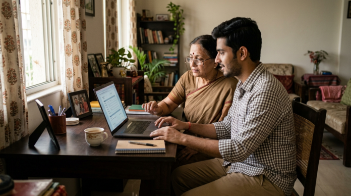 Vridhavastha Pension Yojana का ऑनलाइन आवेदन भरता बुजुर्ग और परिवार का सदस्य